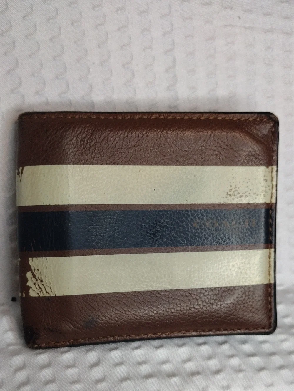 Coach Brown Leather Bifold Wallet with Cream and Navy Stripes F26171